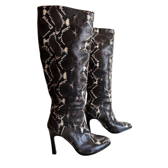 Sigerson Morrison Python Embossed Knee-High Leather Boots 40 Black Brown Snake